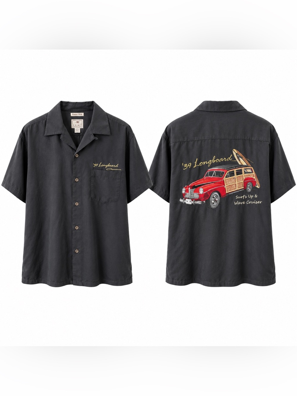 Luau 100% Silk Men’s Embroidered Longboard Car Shirt
